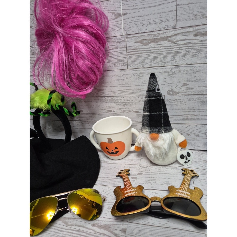 Lot Of 7 Pieces  Of Halloween Decor Gnome, SunGlasses, Pink Hairpiece, Cup